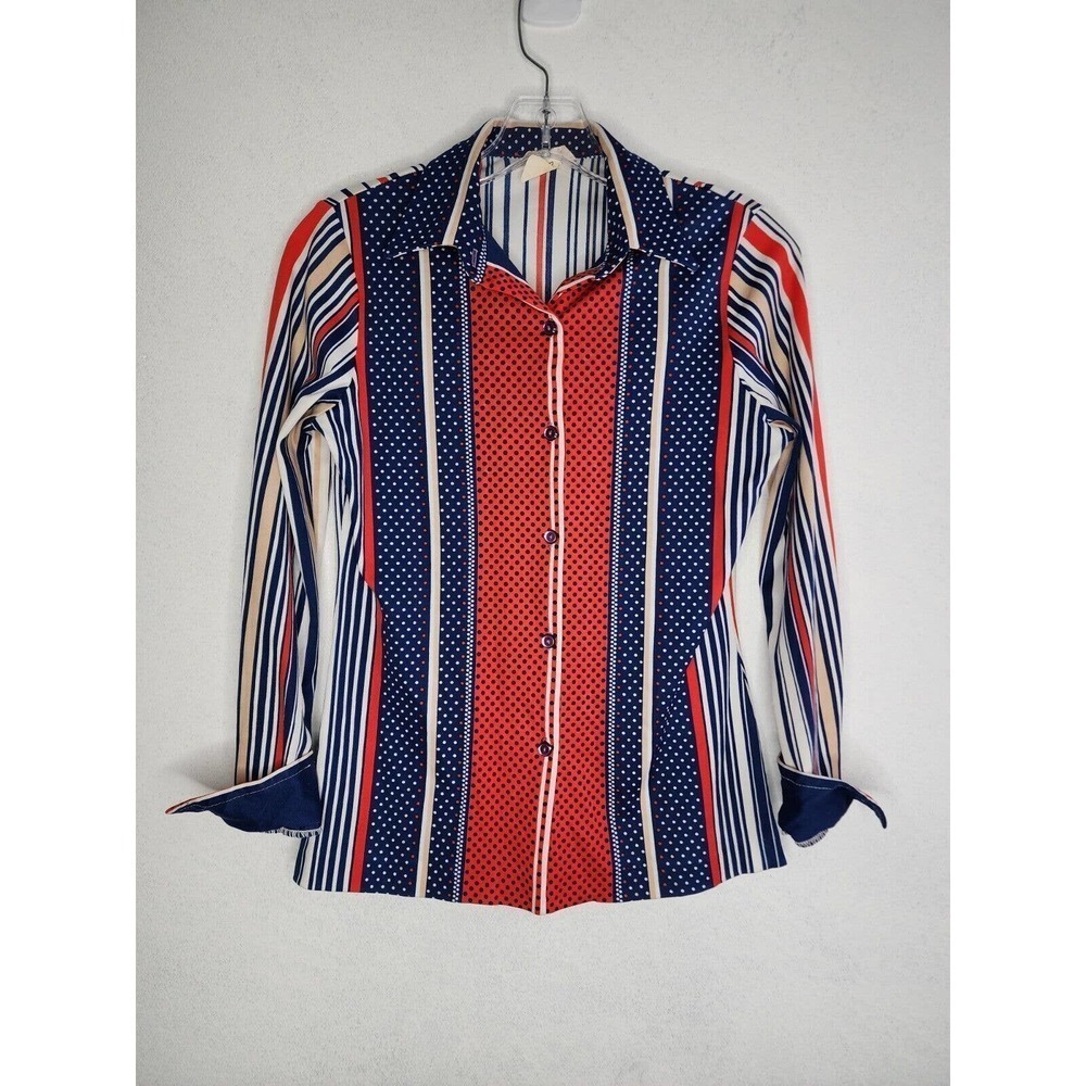 Vintage 70s Alco Button Up Long Sleeve Top Polka Dot Shirt Size 12